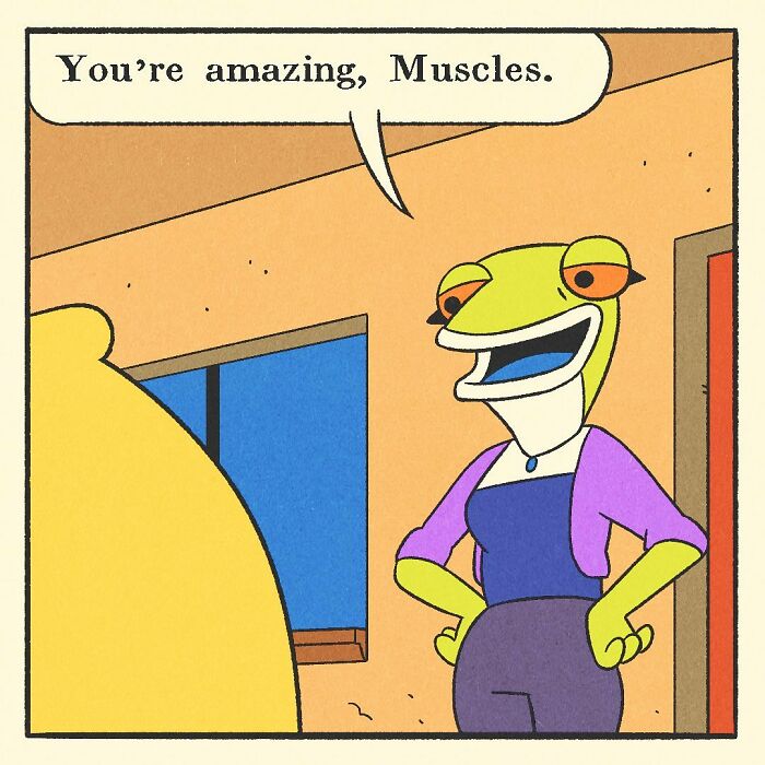 Comic illustration of a bodybuilding duck with a soft heart gently holding a small bird in a cozy living room.