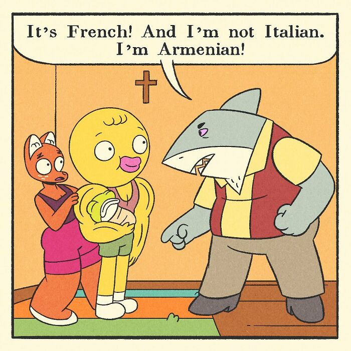 Comic illustration of a bodybuilding shark holding two cartoon characters, featuring a bodybuilding duck theme with a soft heart concept.