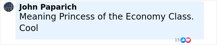 Comment by John Paparich praising Princess Kako as the meaning Princess of the Economy Class with positive reaction icons.