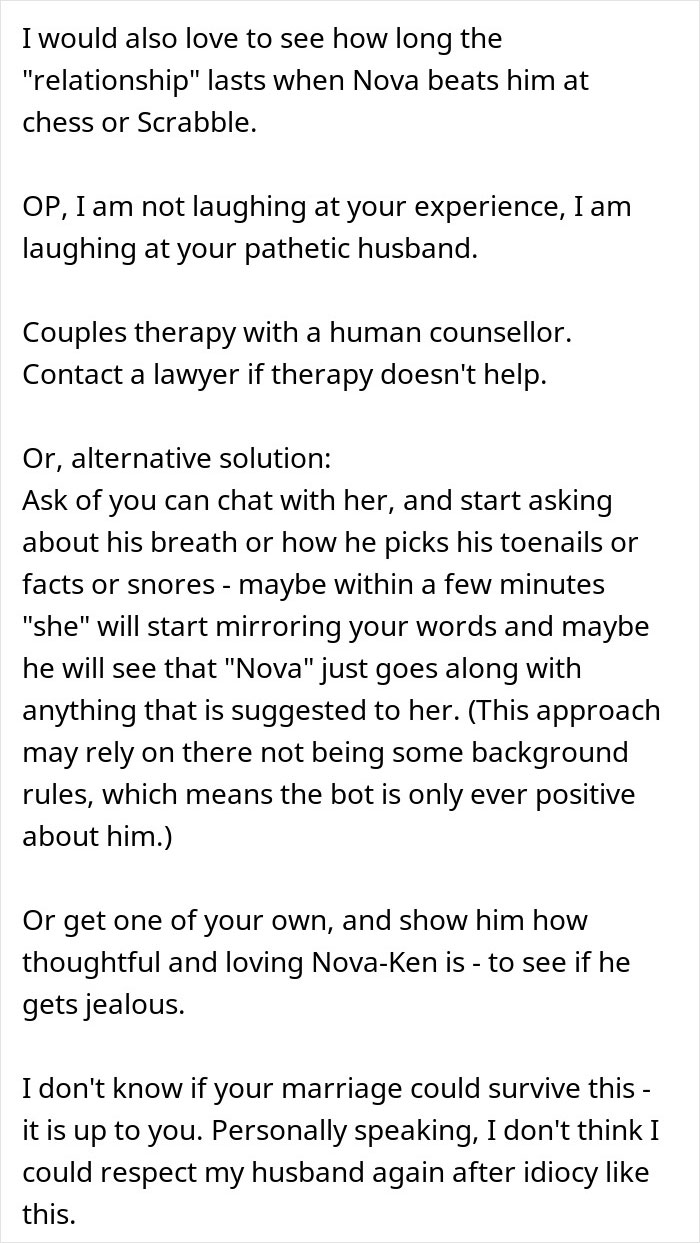 Text discussing marriage doubts after husband falls in love with AI girlfriend, suggesting therapy and legal advice. Text discussing marriage doubts after husband falls in love with AI girlfriend, suggesting therapy and legal advice.