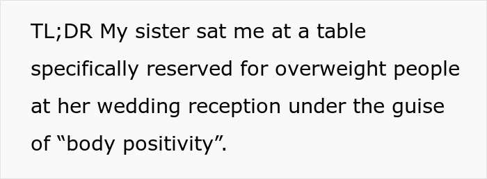 Text about a bride putting all plus-size guests at a special weight watchers table for body positivity. Text about a bride putting all plus-size guests at a special weight watchers table for body positivity.