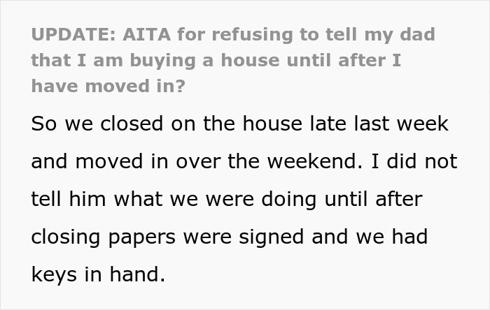 Text excerpt showing a woman refusing to share important news with dad about buying a house until after moving in.
