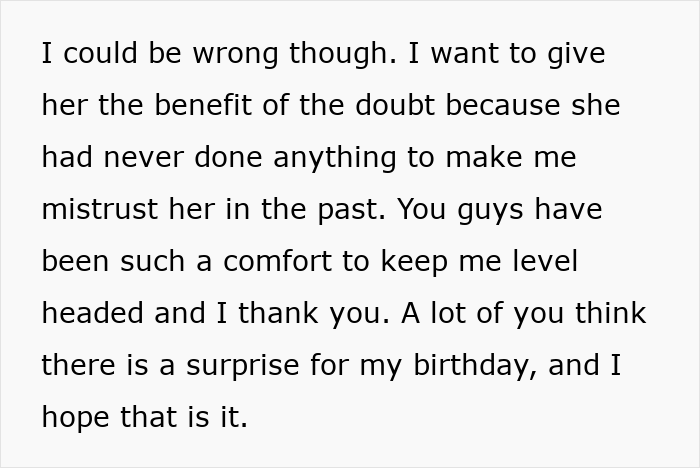 Text excerpt expressing doubt about mistrusting girlfriend, with support from best friend after seeing another man in email context.