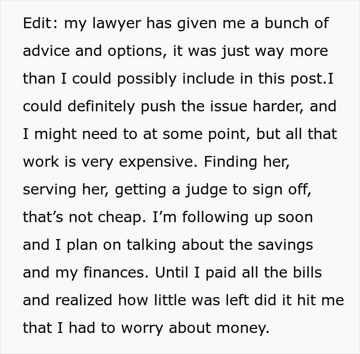 Text excerpt about woman&rsquo;s journey to find herself, mentioning legal advice, finances, and challenges involved in her decision.