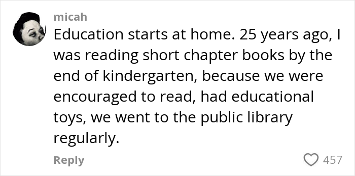 Comment expressing concern about literacy and emphasizing early reading and education at home by a U.S. teacher.