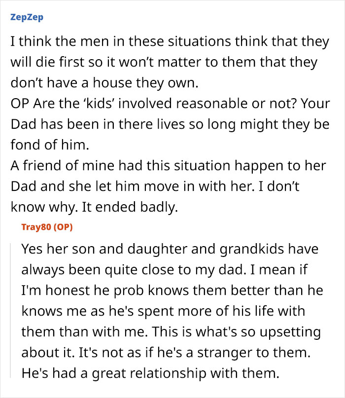 Text comments discussing a woman deciding to leave her partner homeless if she dies and the complex family relationships involved.
