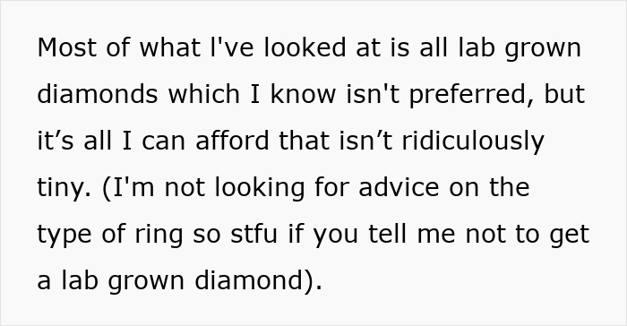 Text discussing affordable lab grown diamonds for a small propose ring from a girlfriend, with no advice requested. Text discussing affordable lab grown diamonds for a small propose ring from a girlfriend, with no advice requested.