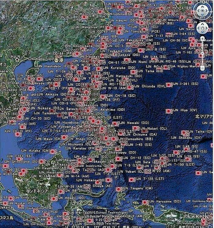 Map showing Japanese naval ships location with red markers, a horrible but funny map not found in typical geography books