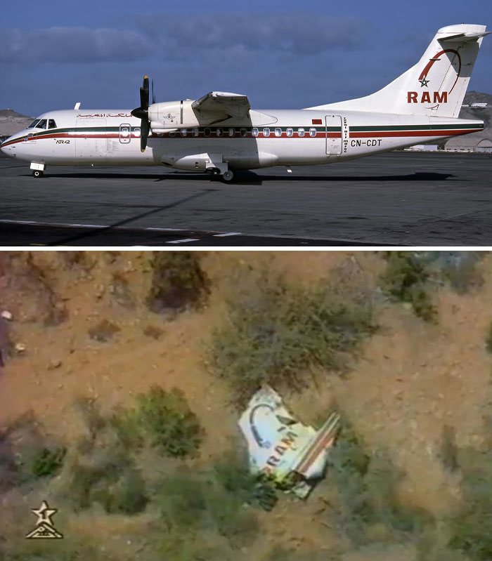 Twin-engine RAM airplane on runway and wreckage in desert, illustrating pilots realizing their plane is going to crash.