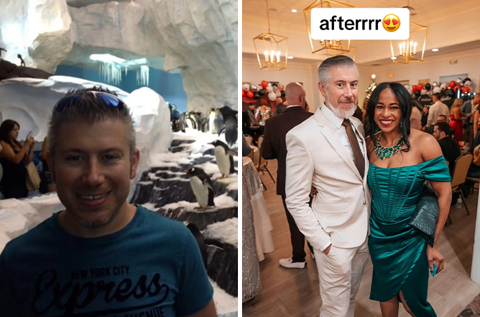 Before and after transformation of a man who married a Black woman, showing a casual and a formal event look.