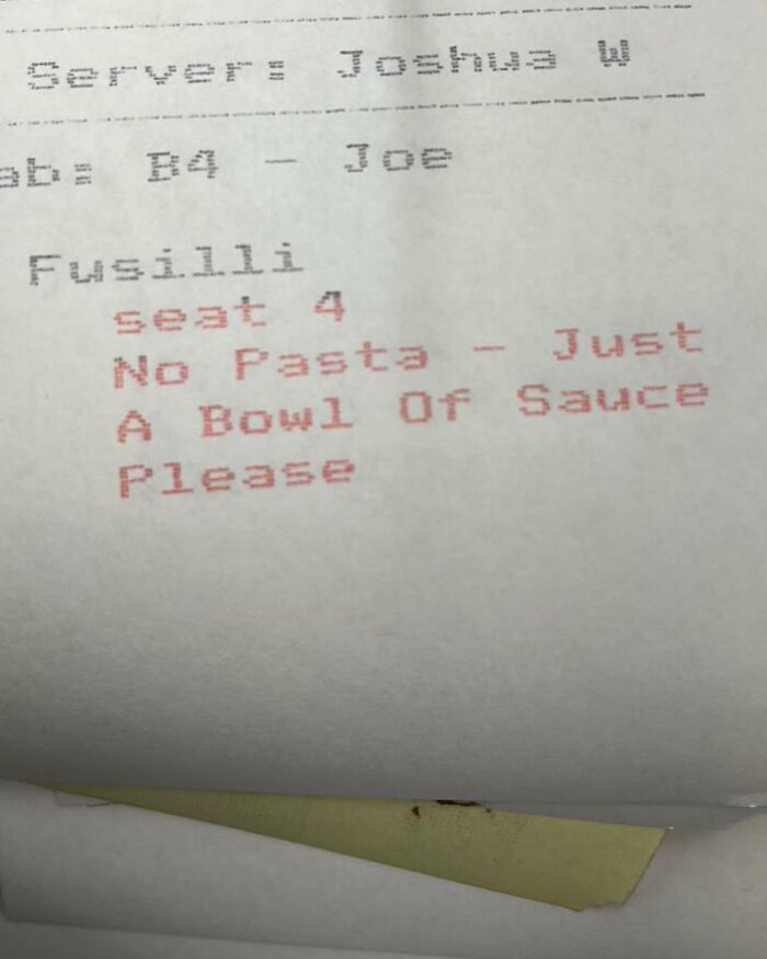 Order receipt showing a humorous chef meme with request for no pasta, just a bowl of sauce.