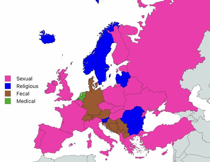 Map of Europe showing different categories of euphemisms by country, featuring colorful data and infographics on Simon Shows You Maps.