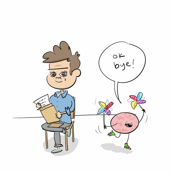 Cartoon of a person sitting with a smirk, illustrating a funny comic about arguing with their own brain.