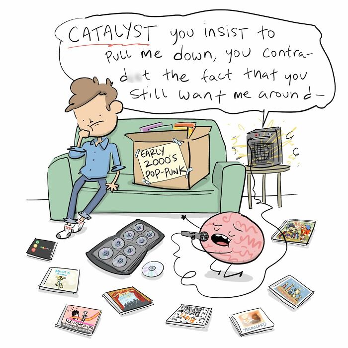 A funny comic showing a person arguing with their own brain at a bar with drinks and snacks.