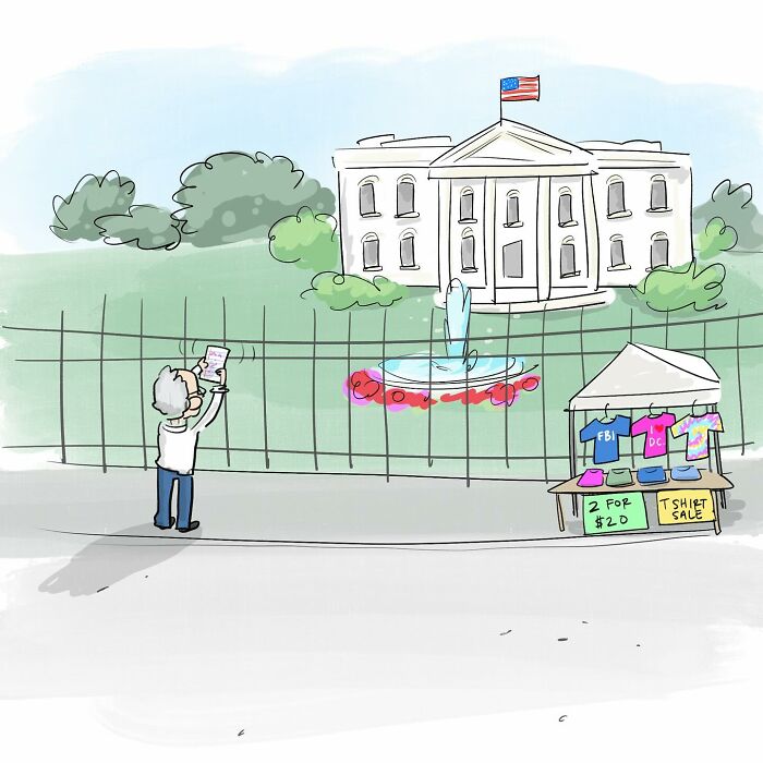 Cartoon of a frustrated person outside DNC headquarters with a fallen plant, illustrating funny comics about arguing with your brain.