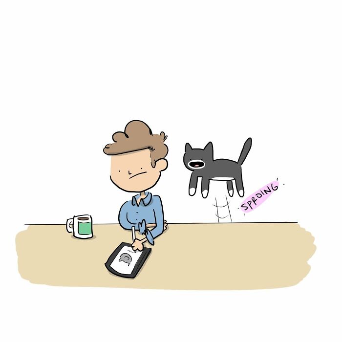 Cartoon of a person smiling at a table with a mug and a tablet showing a funny comics drawing.