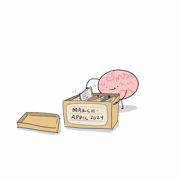 Man happily waving goodbye while a small brain with legs writes notes, illustrating funny comics about arguing with your brain.