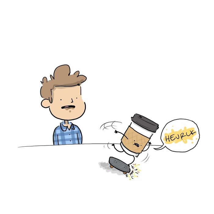 Funny comics showing a person talking to a walking coffee cup offering an energy boost in a humorous brain argument.