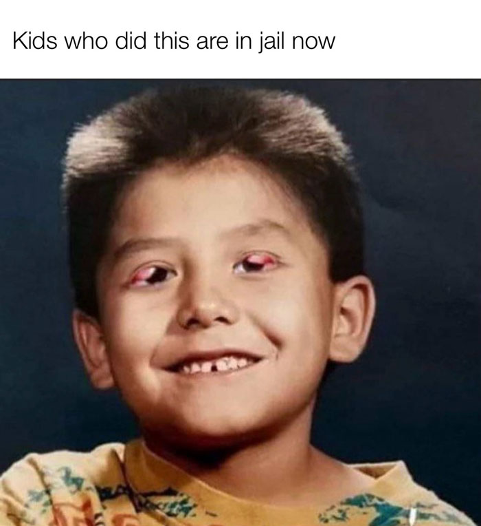 Meme showing a childhood photo of a boy with red, tired eyes, referencing nostalgia for Tamagotchis and VHS tapes.