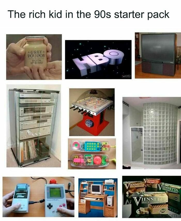 90s starter pack with vintage tech, VHS tapes, Tamagotchis, old computers, and nostalgic household items from the decade.