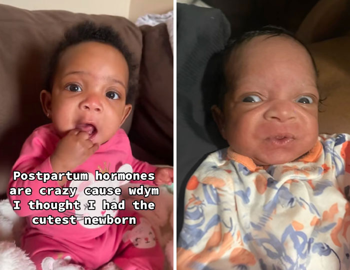 Two infants showing different facial expressions, illustrating the impact of postpartum hormones on perceptions of newborns.