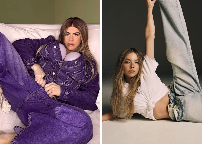 Person in purple denim lounging on a couch and woman posing with one leg raised wearing American Eagle jeans. - 11