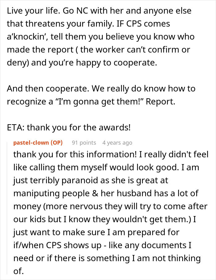 Text advice for woman preparing for CPS threats from MIL, focusing on cooperation and recognizing false reports. Text advice for woman preparing for CPS threats from MIL, focusing on cooperation and recognizing false reports.