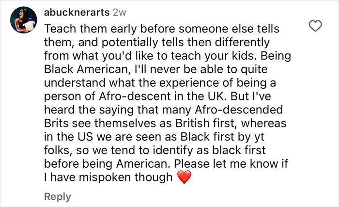 Comment discussing the experience of being Black and teaching children about racial identity from a Black American perspective.