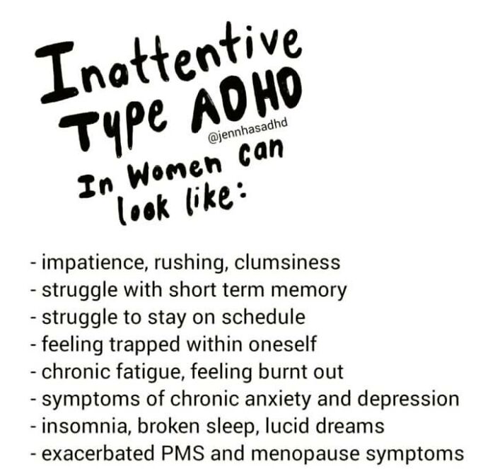 Handwritten list describing inattentive type ADHD symptoms in women, relevant to neurodivergents, including memory and anxiety struggles.