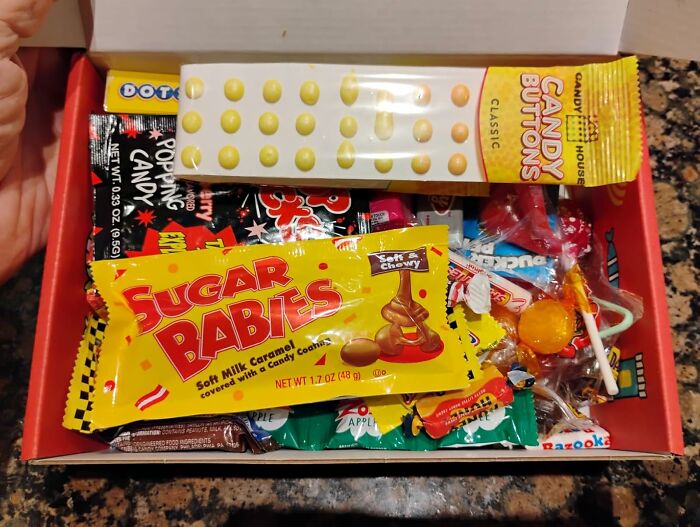 Box of retro candy including Sugar Babies and Candy Buttons, perfect for old soul nostalgic retro finds.