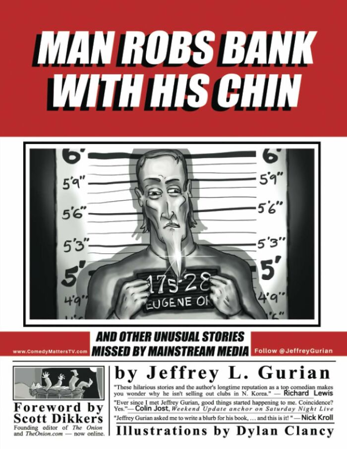 Illustration of a weird book cover showing a man with an unusual chin in a humorous mugshot style, highlighting weird books.