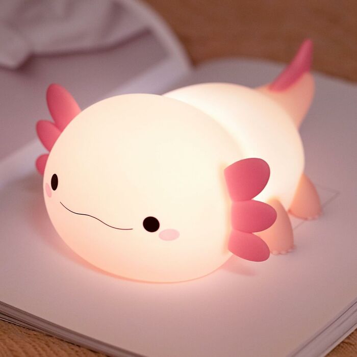 Cute glowing axolotl night light on book, showcasing one of the weirdest picks found on Amazon.