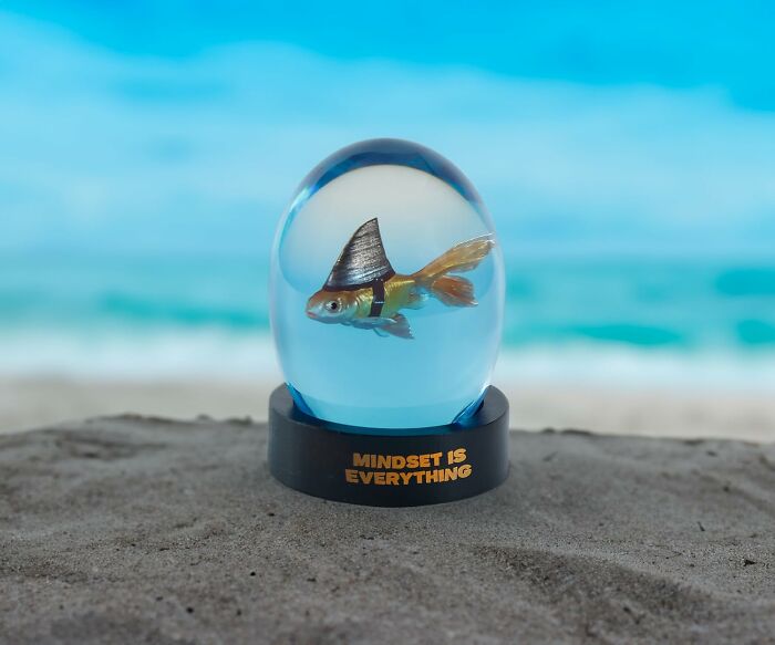 Decorative workspace item featuring a flying fish snow globe promoting a holiday destination mindset.