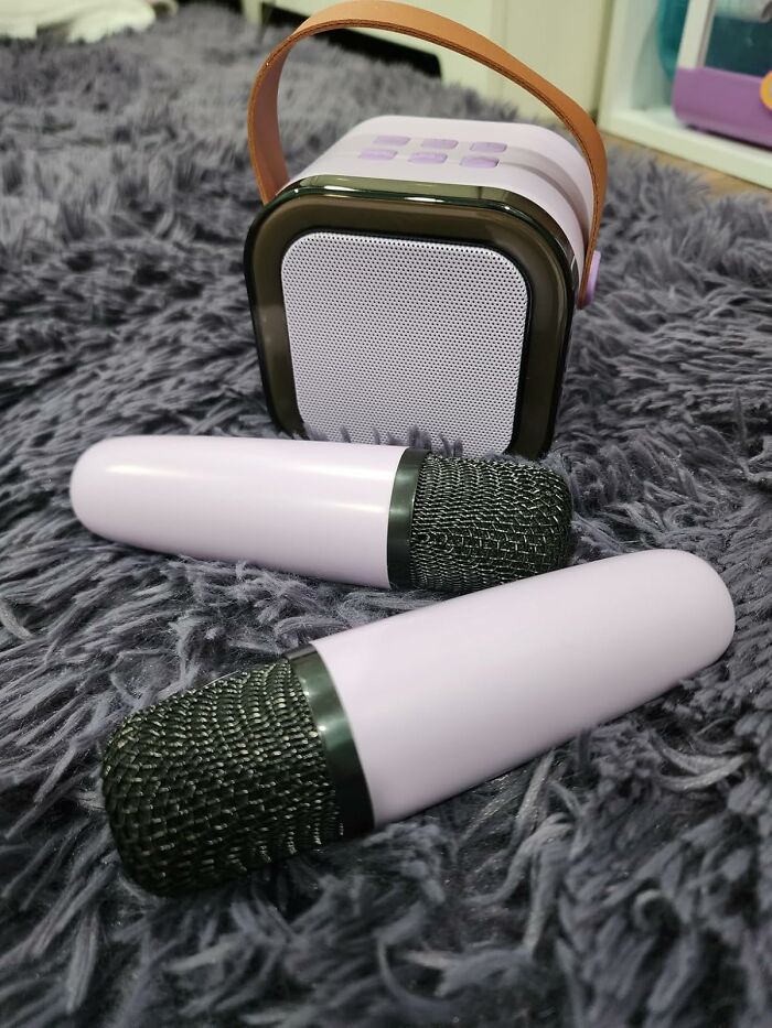 Portable karaoke set with two microphones and speaker, a popular toy under 20 dollars for gifting.