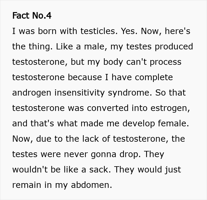 Text excerpt explaining how an intersex woman with XY chromosome and androgen insensitivity syndrome has a body different from others. - 5