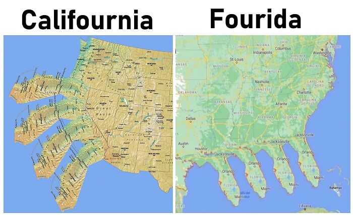Humorous maps showing distorted US states renamed Califournia and Fourida as funny geography map examples