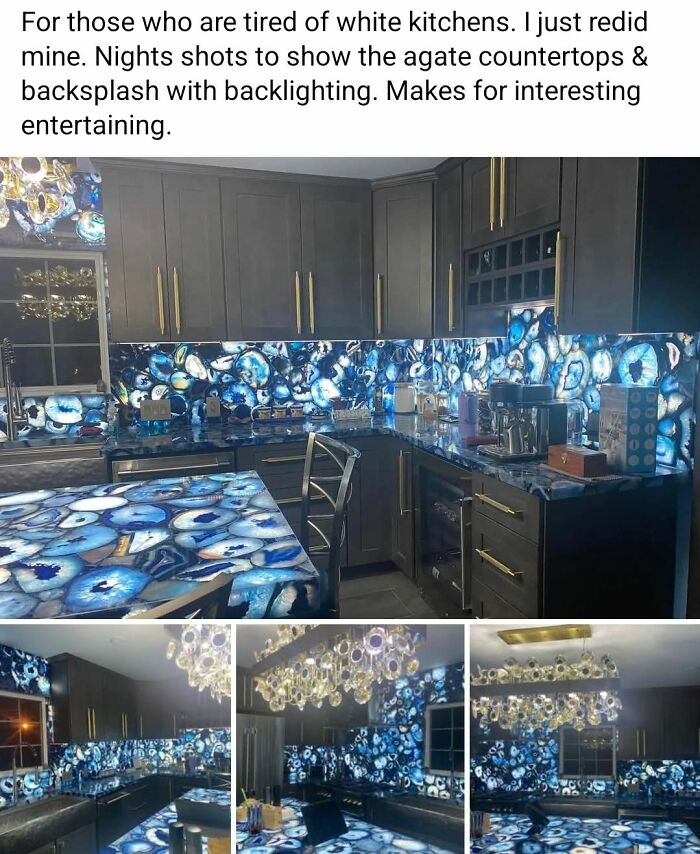 Modern kitchen featuring blue agate countertops and backsplash with backlighting, an example of creative home design fails.