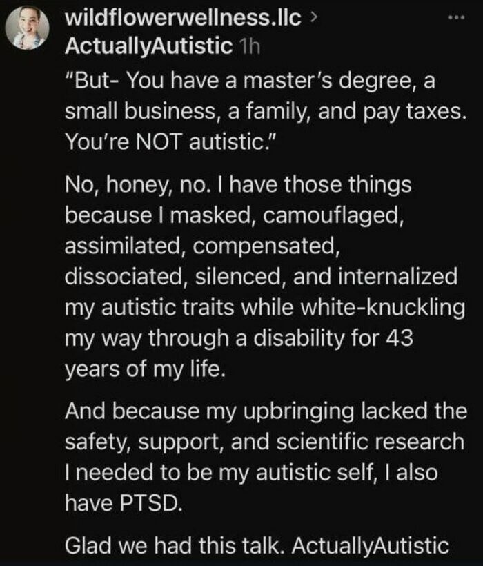 Screenshot of a social media post discussing autistic traits, masking, and neurodivergent experiences with PTSD.