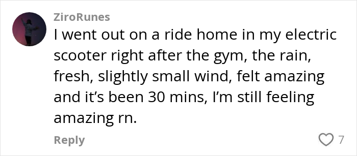 User comment about feeling amazing after a scooter ride in the rain, reflecting weird habits that improve mental and physical health.