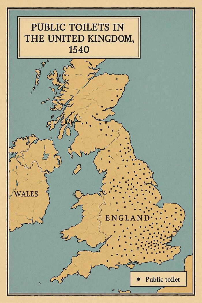 Vintage style funny map showing public toilets locations in the United Kingdom in 1540 as a humorous geography map.