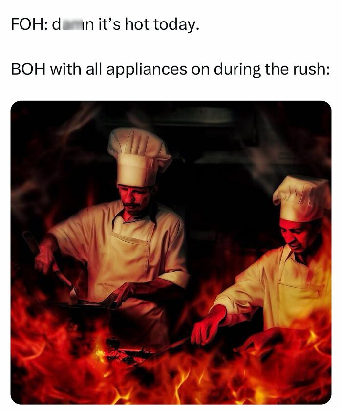 Two chefs in white uniforms working intensely amid bright flames, illustrating relatable chef memes humor well-done.