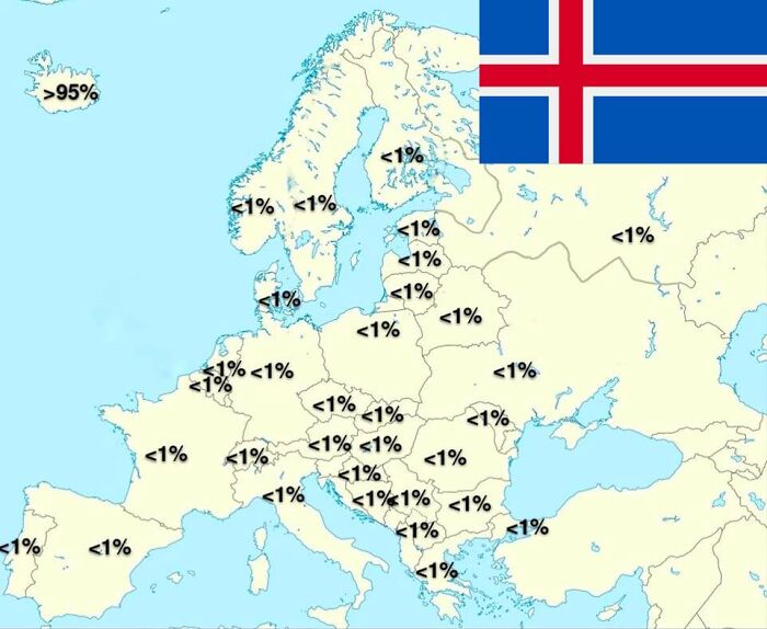 Map of Europe showing percentage data with Iceland above 95%, part of a collection of horrible but funny maps.