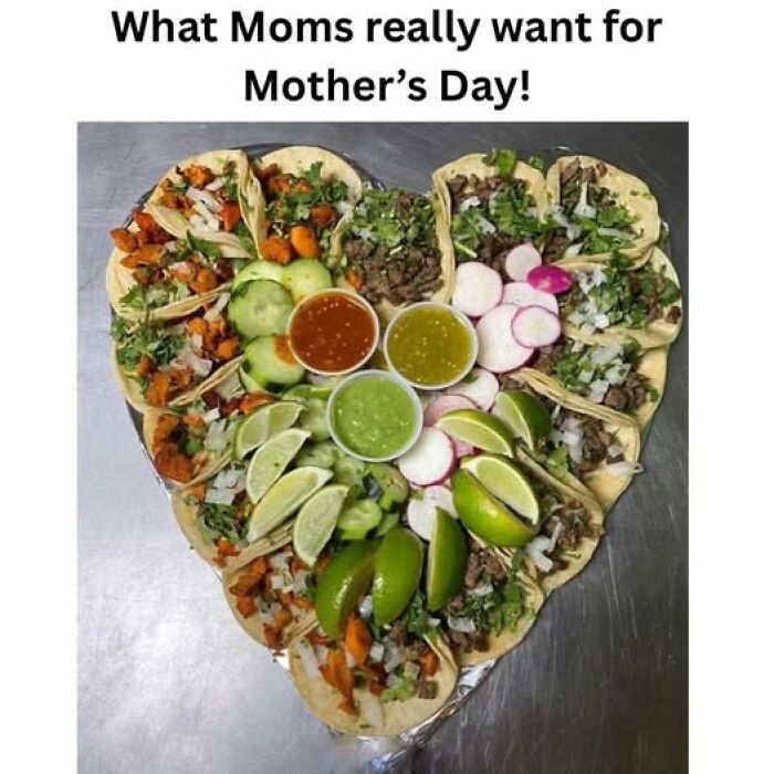 Heart-shaped arrangement of tacos with lime, radish, and salsa, highlighting funny Hispanic memes about family and culture.