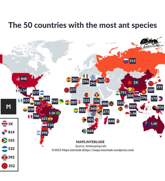 Map from Simon Shows You Maps highlighting the 50 countries with the most ant species and ant species counts.
