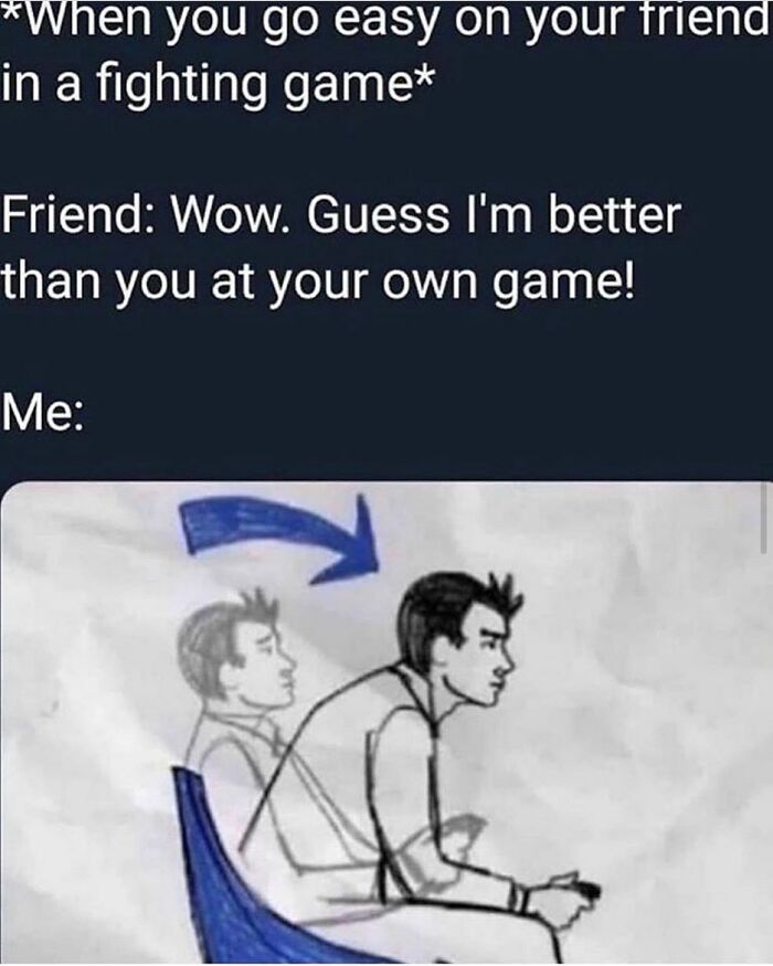 Meme showing a man leaning forward intensely playing a game, humor typical of weird and unhinged humor fans.