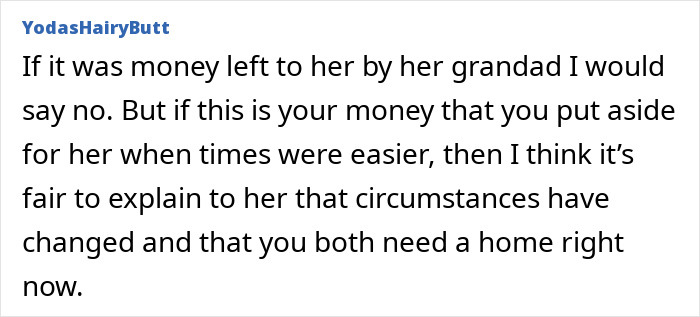 Comment discussing fairness in managing money set aside for a daughter amid changing circumstances related to stealing daughters trust fund.