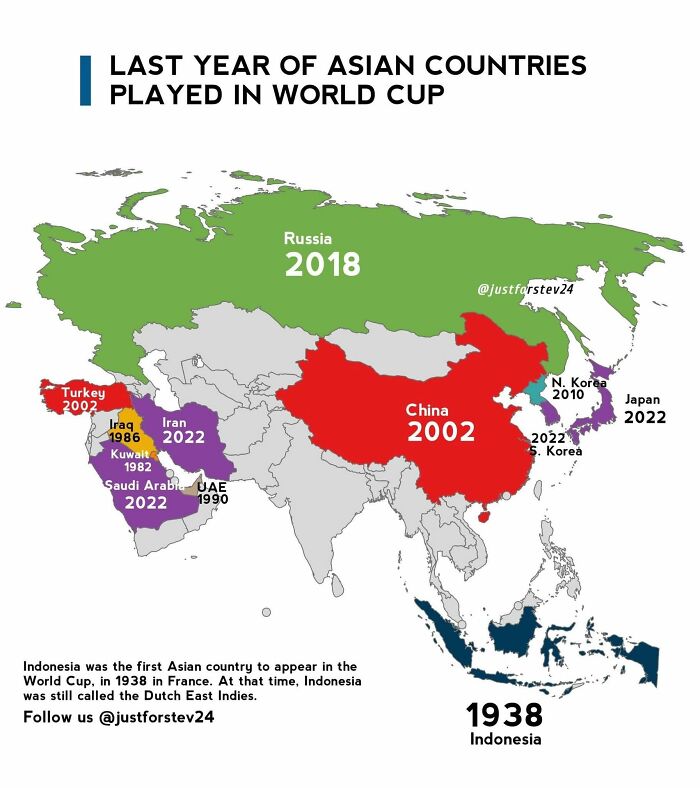 Map showing the last year Asian countries played in the World Cup with highlighted countries and years on the map.