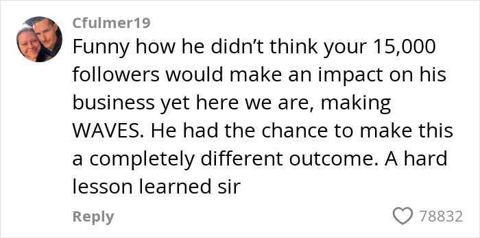 Comment from social media user discussing impact of micro influencer&rsquo;s follower count on a chef&rsquo;s restaurant business.