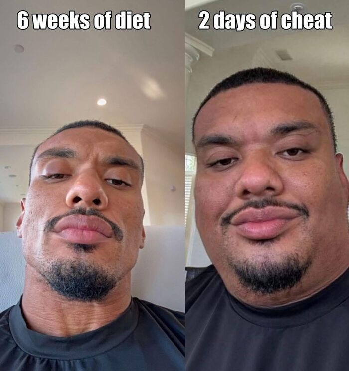 Side-by-side selfies showing weight gain humor, highlighting gym life and diet struggle memes.