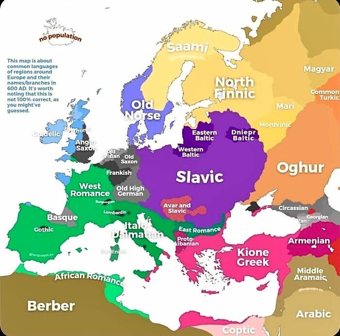 Map showing common languages and branches in Europe around 600 AD with color-coded regions for Simon Shows You Maps.